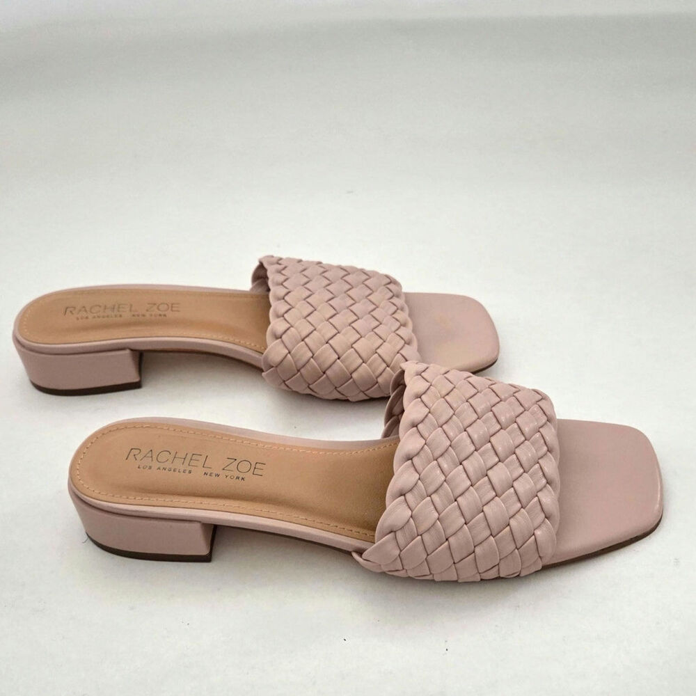 Rachel Zoe Nerida Blush Pink Woven Vegan Leather Slide Low Heel Sandals Sz 9